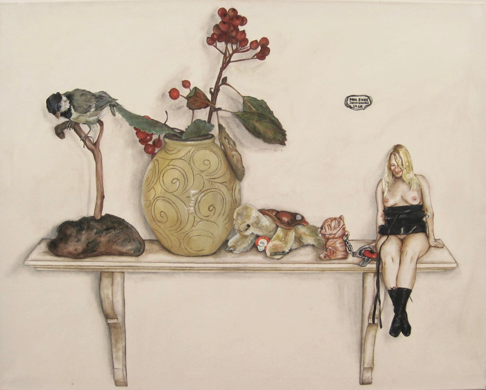 Old stuffed bird and Kähler vase. 80 x 100 cm