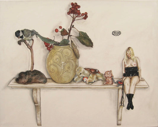 Old stuffed bird and Kähler vase. 80 x 100 cm
