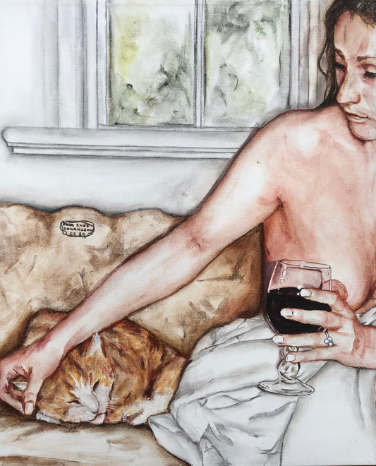 Person med kat og rødvin 60 x 50