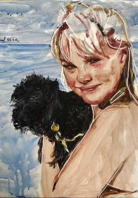 To personer på stranden hvoraf een hund. 40 x 30 cm.