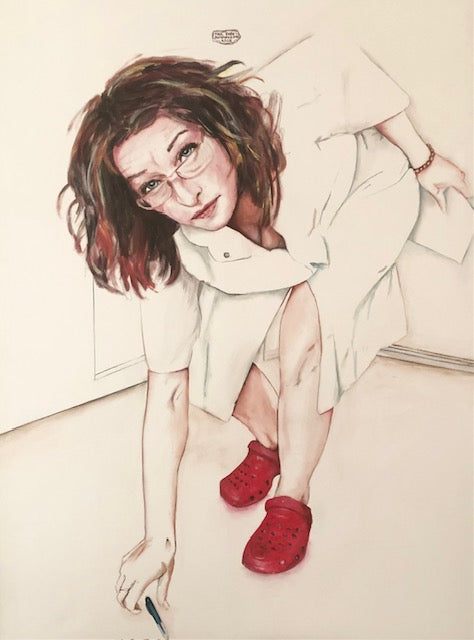 Person med røde Crocs. 120 x 100 cm