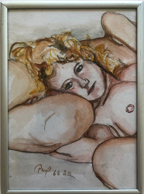 To personer deler varme, akvarel. 19 x 13 cm.